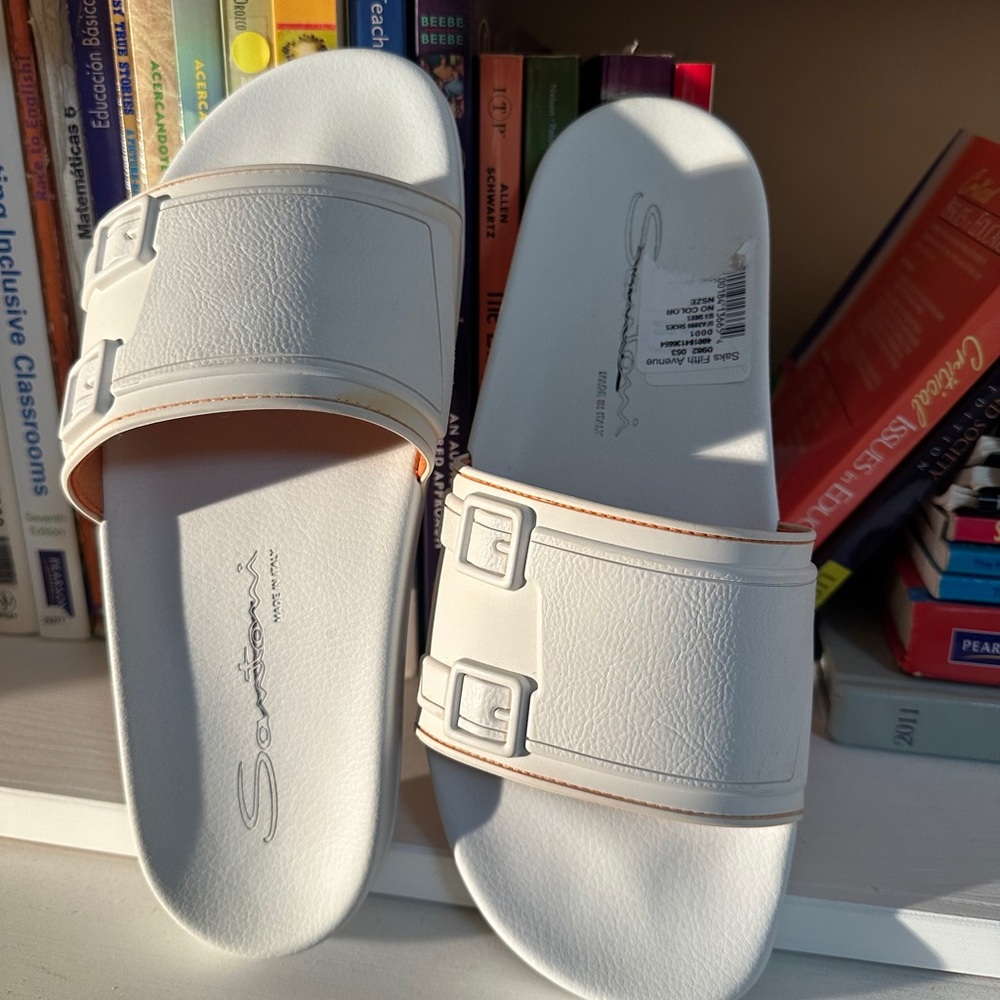 Santoni White Slide Sandals with Double Buckle Detail